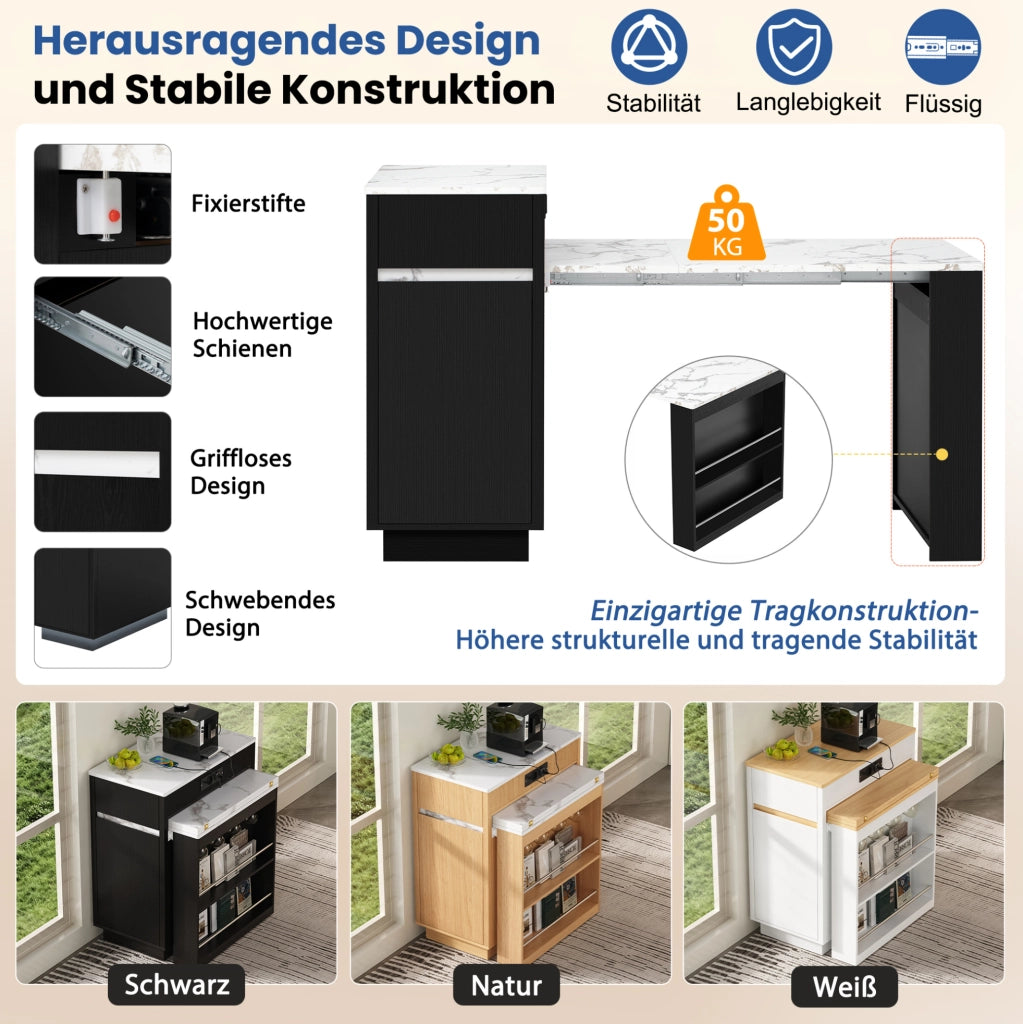 TAVOLO da Cucina Estensibile 58-154x80,5x94 cm Nero MDF con LED e USB/Type-C