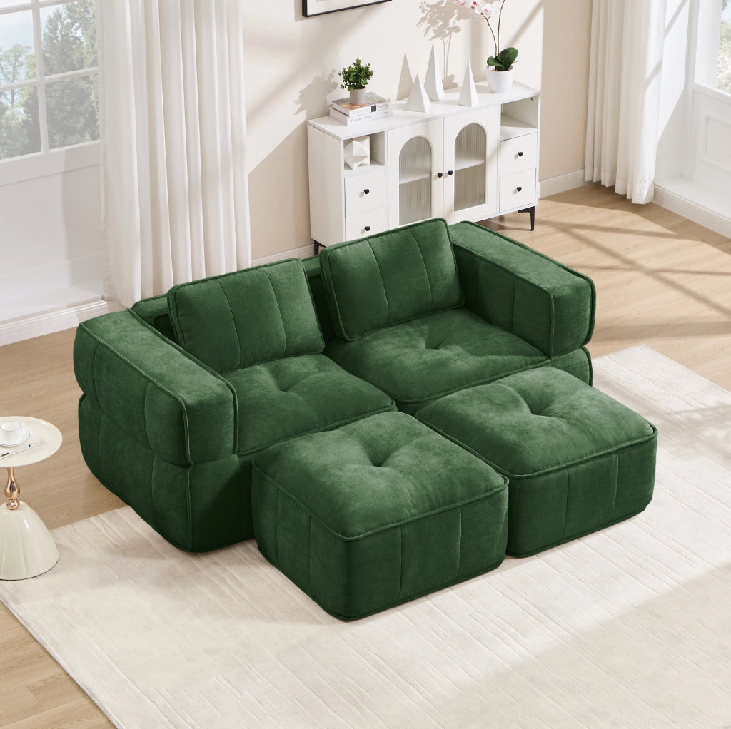 Divano modulare verde 198x162x67 cm in poliestere con 2 pouf
