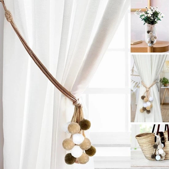 Gordini decorativi con pompon - corde decorative - 2 pezzi - marrone e beige - cotone