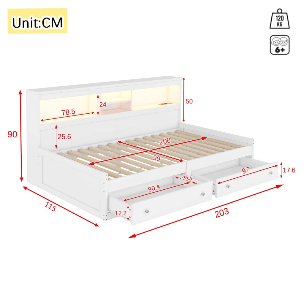 Letto giorno bianco 90x200 cm con divano letto, 2 USB, luce d'ambiente e due cassetti, struttura in truciolato e MDF