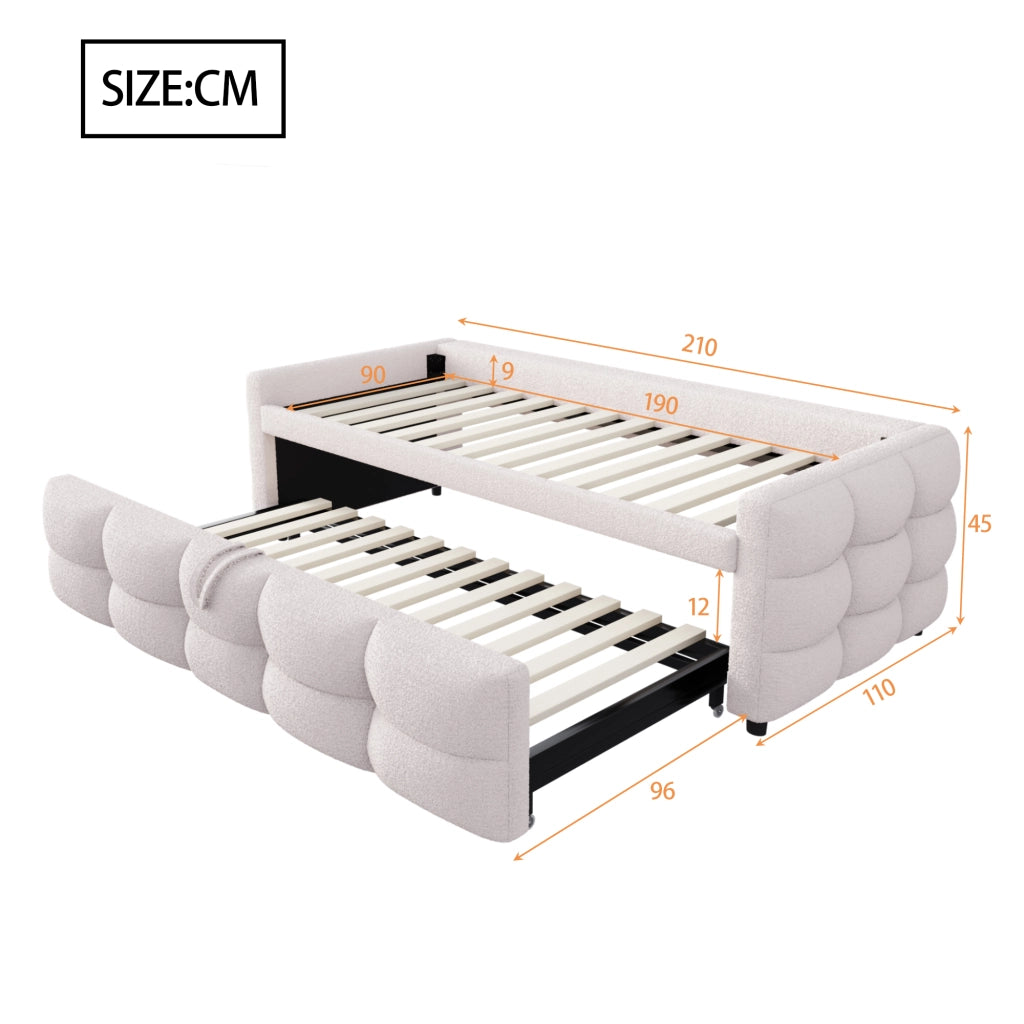 Letto estraibile 90×190 cm e 180×190 cm; 2 posti; imbottito; senza materasso; in tessuto morbido beige