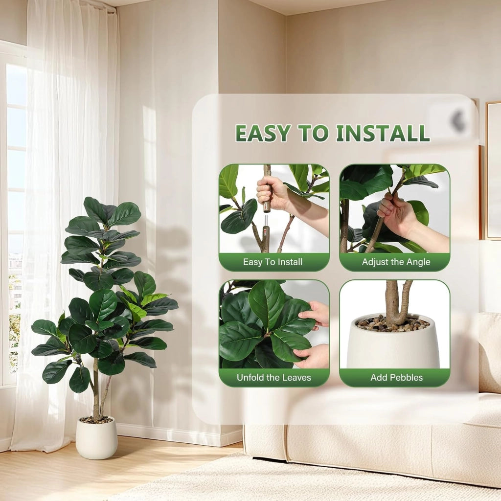 Ficus Lyrata Artificiale 120 cm Pianta Verde Finta con Vaso e Ciottoli Decorativi