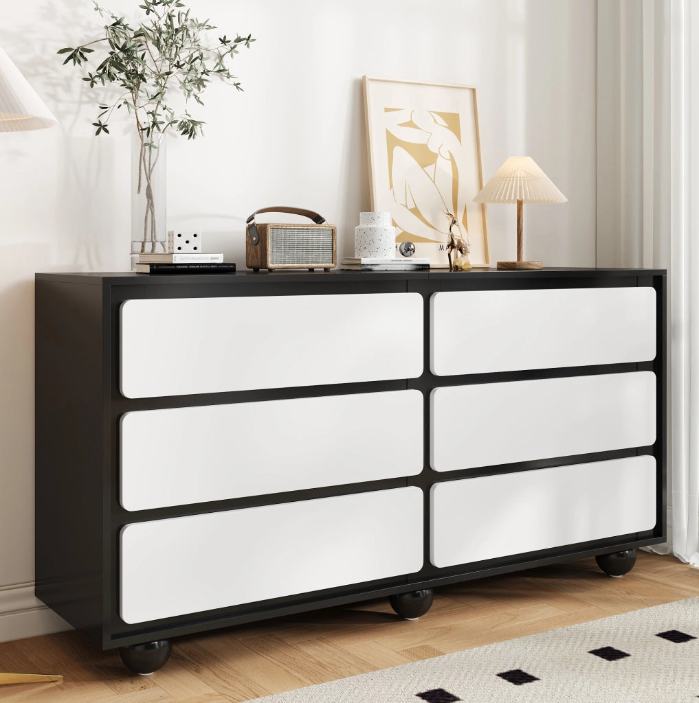 Cassettiera moderna 6 cassetti bianco e nero 140x38x74,5 cm
