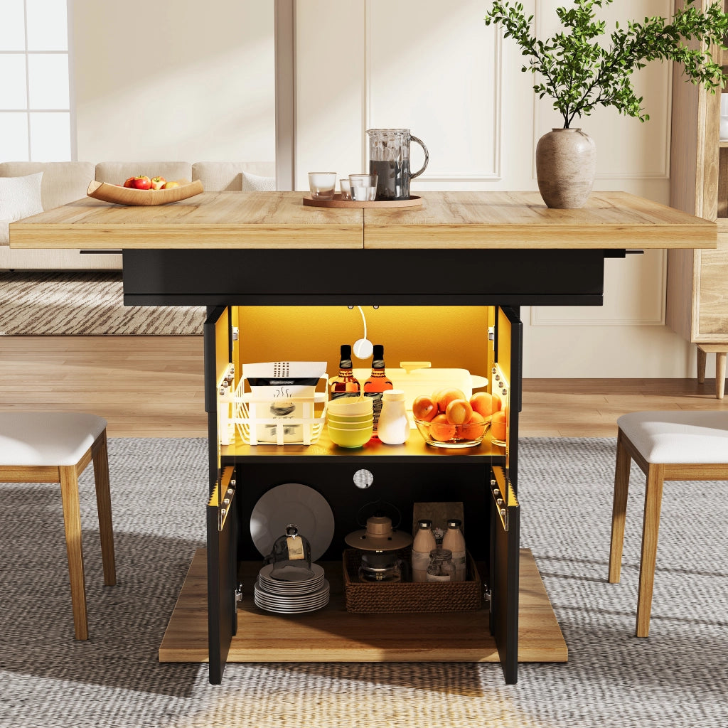 Tavolo da pranzo allungabile 110-140x80 cm con vano contenitore LED; MDF nero effetto legno