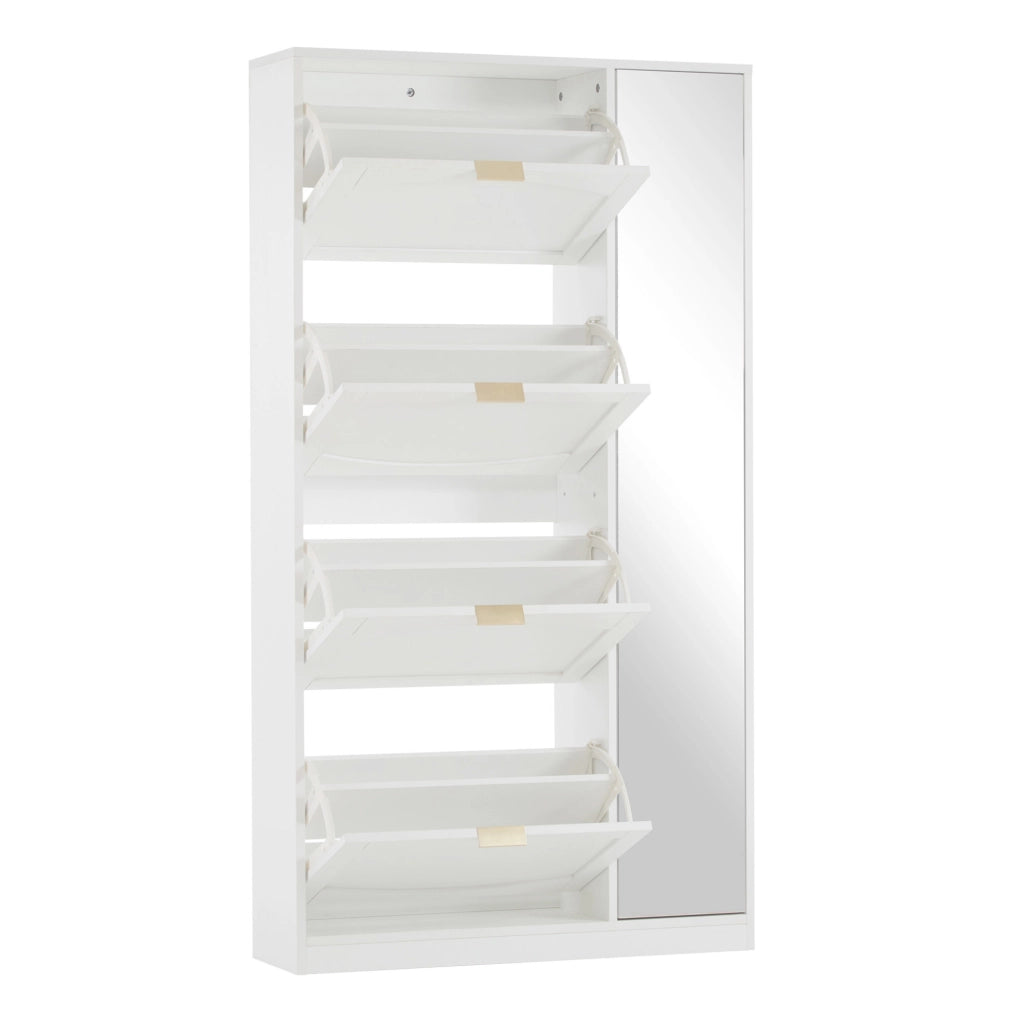 Scarpiera con specchio 80x24x147 cm bianca in truciolare， 4 vani ribaltabili per l'ingresso