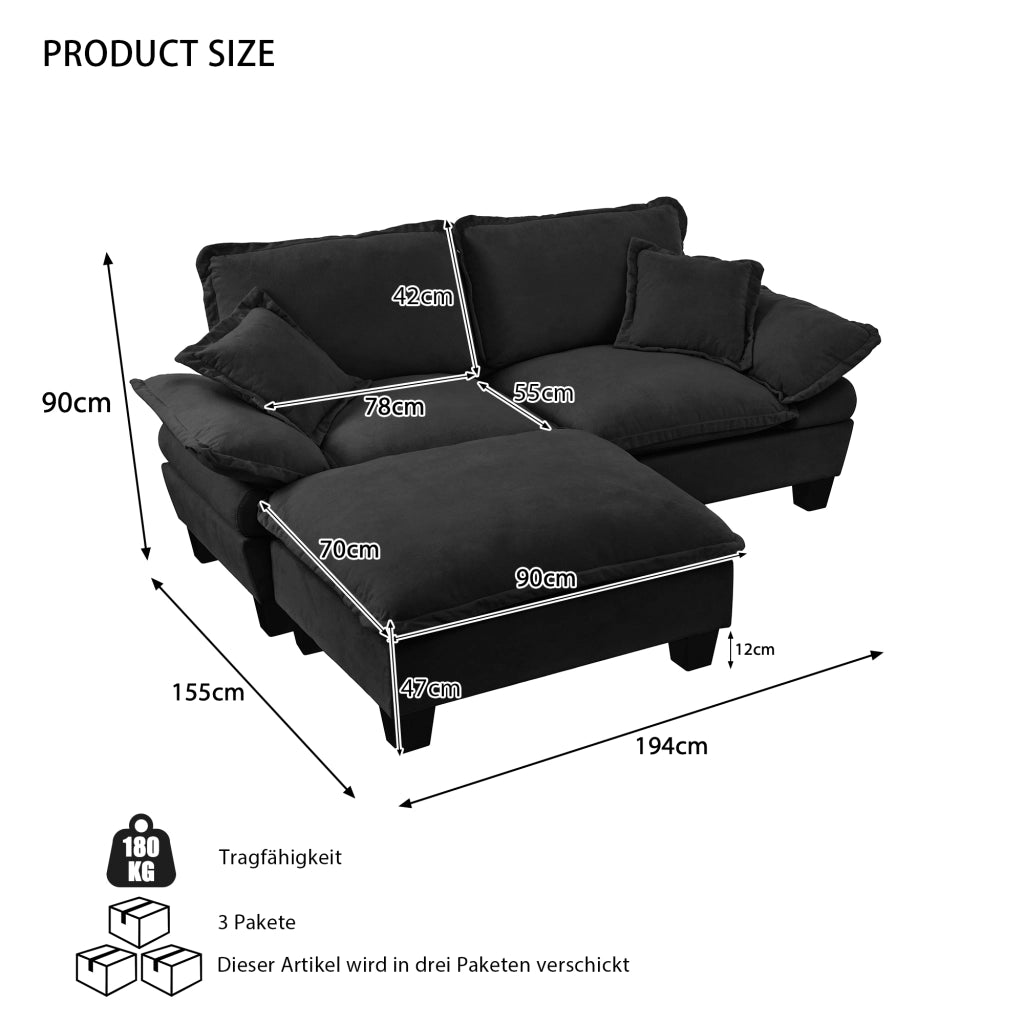 Divano modulare angolare 3 posti - con chaise longue mobile e cuscini - in ciniglia nera