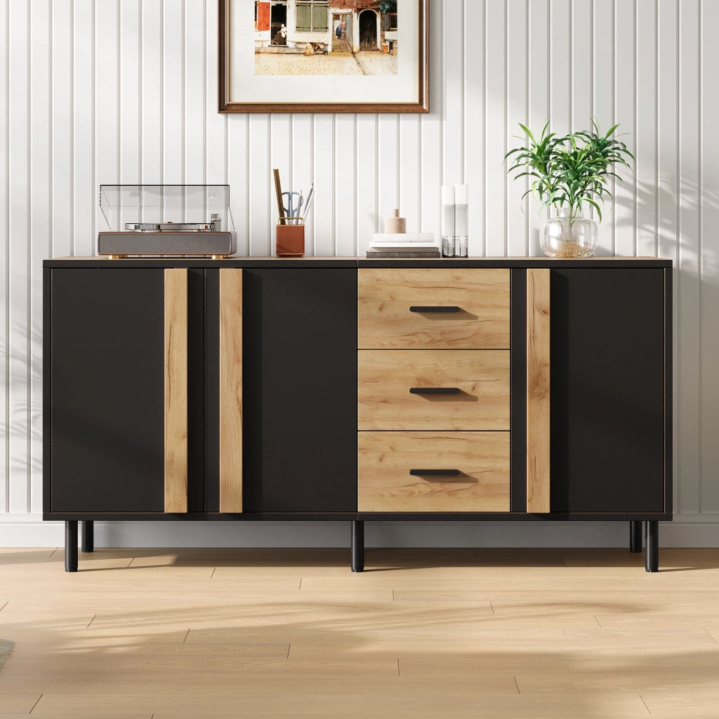 Credenza e madia con 3 ante e 3 cassetti, 6 gambe in metallo, per soggiorno, in MDF nero e legno, 140 × 35 × 70 cm