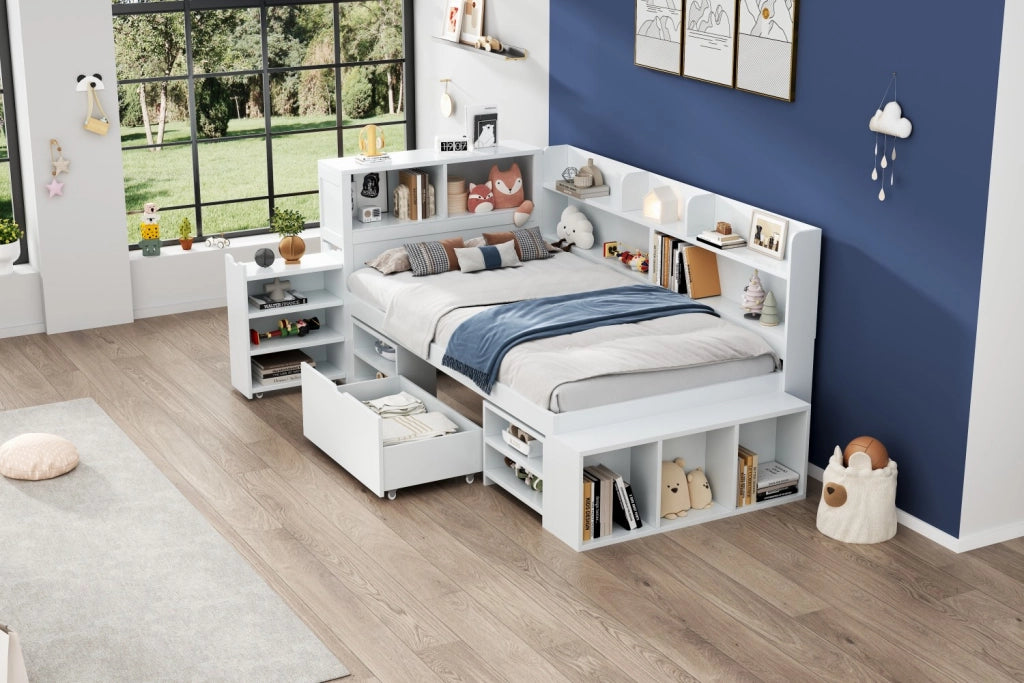 Letto singolo 90 ¡Á 200 cm con cassetto librerie armadi contenitore rete a doghe in compensato bianco