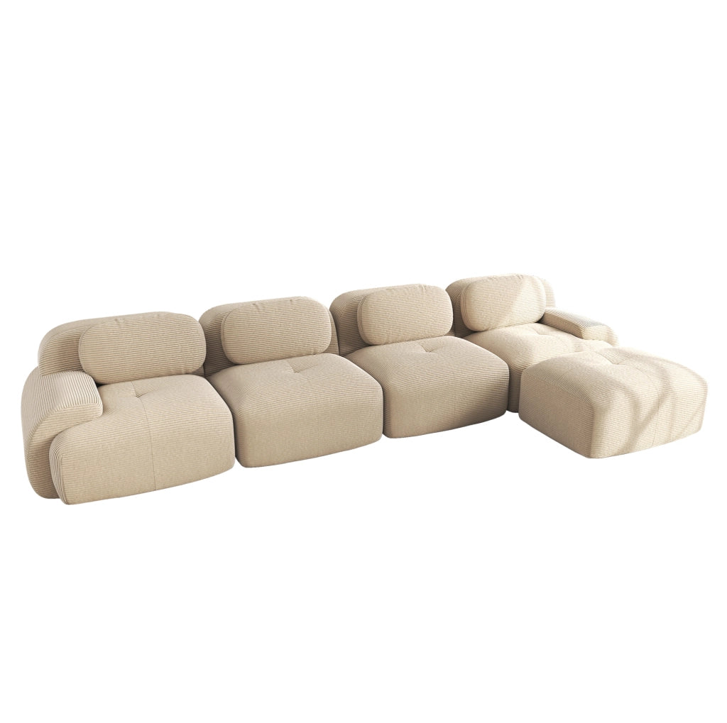 Divano angolare modulare 4 posti in velluto a coste beige, 32D, senza montaggio