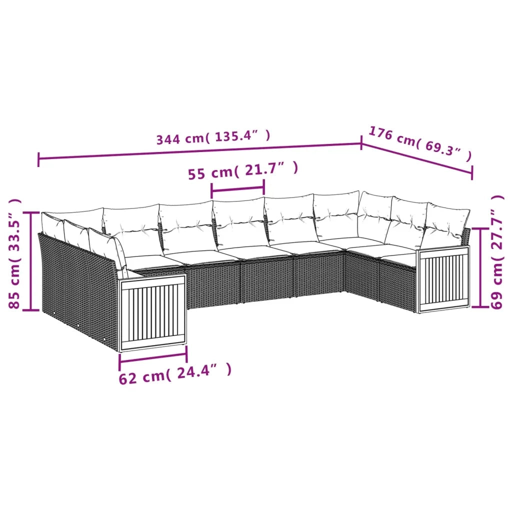 Set Divano da Giardino 10 pz con Cuscini Grigio in Polyrattan