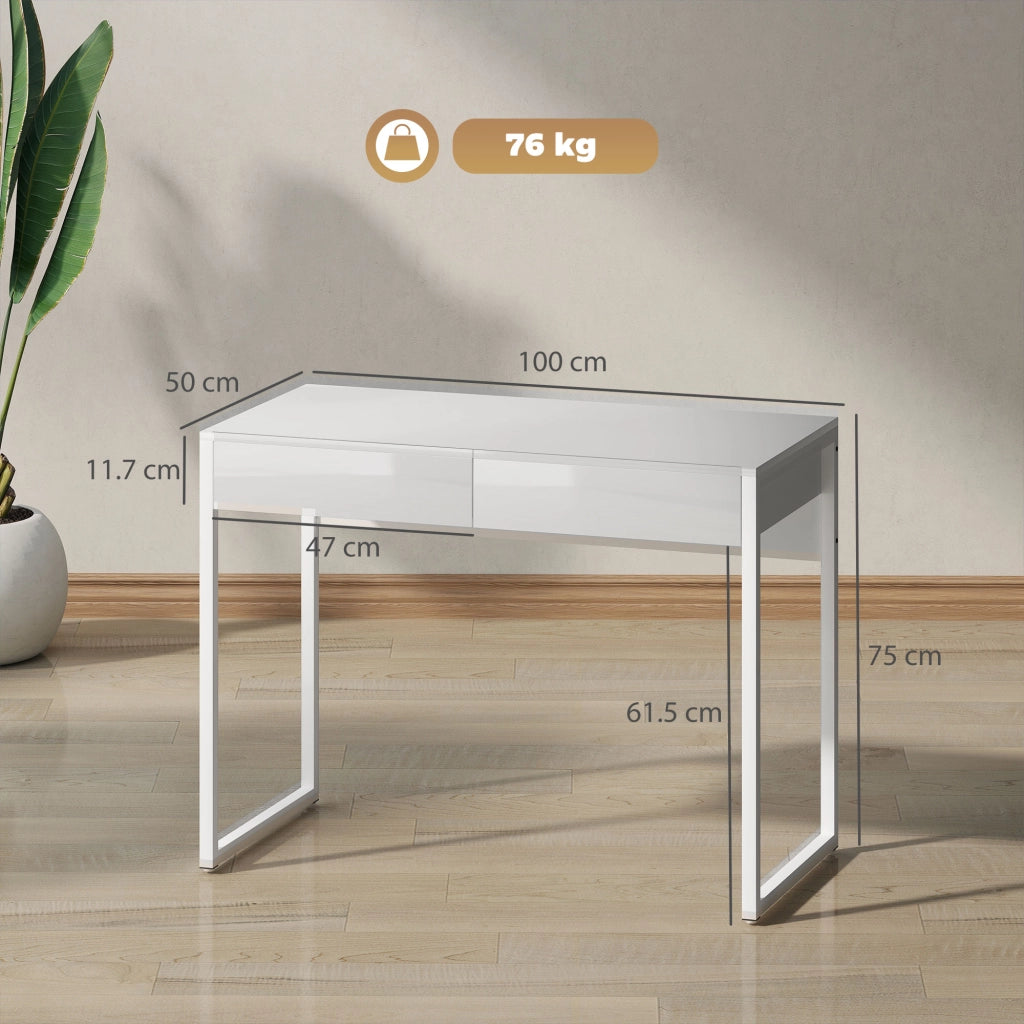 Scrivania Moderna con 2 Cassetti e Gambe in Acciaio. 100x50x75 cm. Bianco Lucido