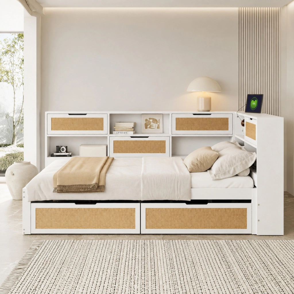 Letto matrimoniale multifunzione 140 × 200 cm in legno bianco con cassetti vani contenitore e porte USB integrate