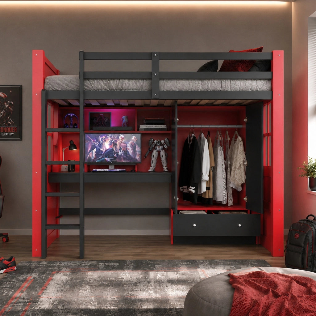 Letto a castello 90x200 cm in legno con armadio, scrivania, cassetti e scala, stile gaming nero e rosso