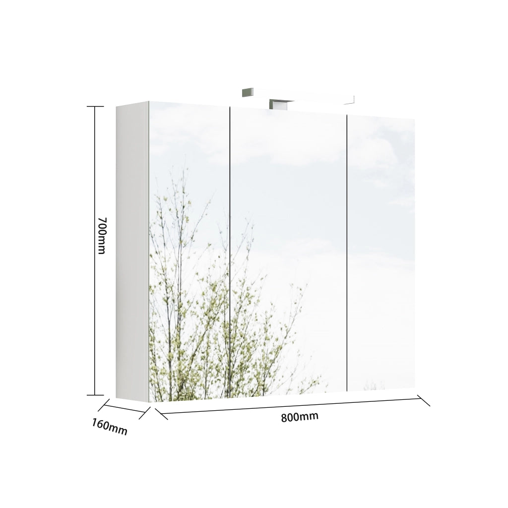 Armadietto da bagno a parete con 3 ante a specchio; LED; presa francese e ripiani regolabili bianco 80 cm