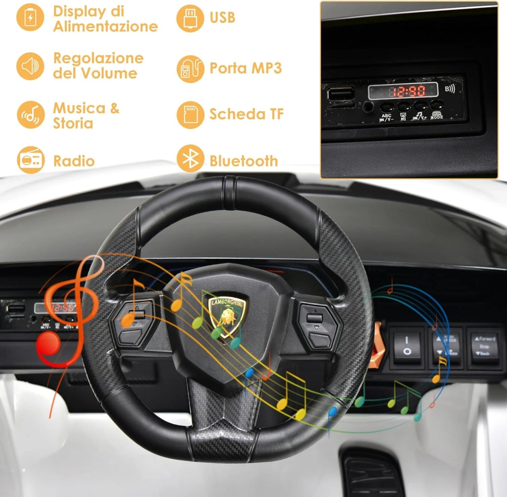 Macchina Elettrica Lamborghini per Bambini da 12V, Veicolo Elettrico con Luci LED MP3 Telecomando, Fino a 5km/h, +3 Anni (Bianco)