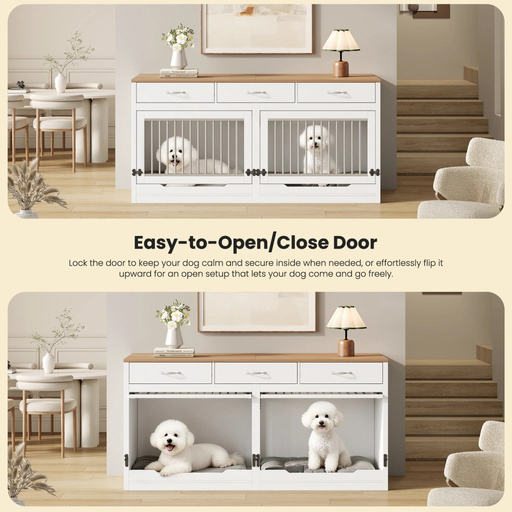 Gabbia per cani con divisorio removibile e porta superiore a ribalta in MDF e metallo bianco naturale 164 × 60 × 81 cm