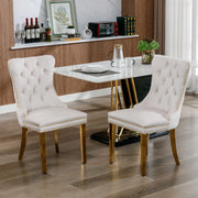 Set di 2 sedie da pranzo moderne in velluto beige, struttura in legno massello, gambe placcate oro in acciaio inox, borchie decorative, collezione Nikki