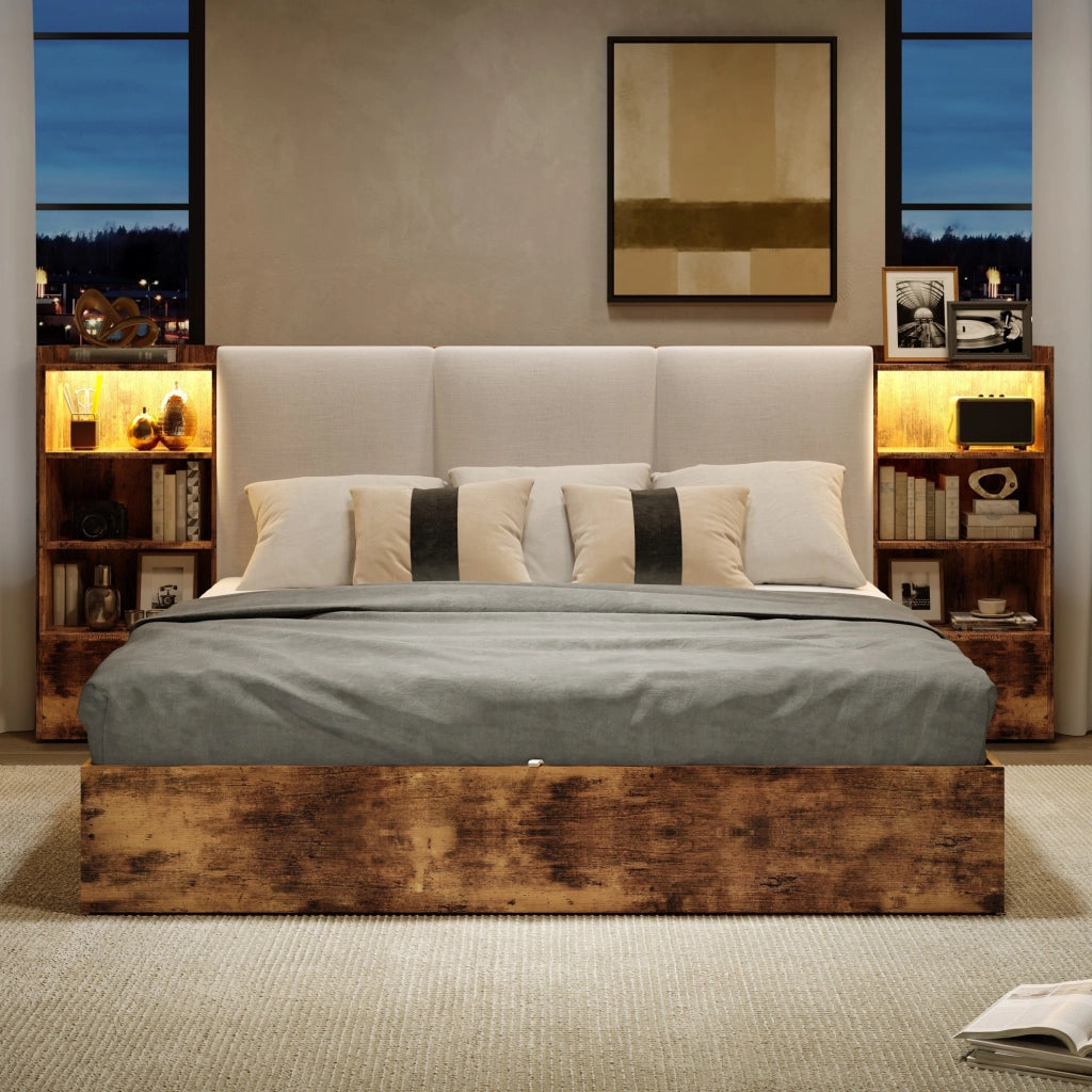 LETTO Contenitore 180x200 cm con Testiera Imbottita, 6 Vani e LED Marrone