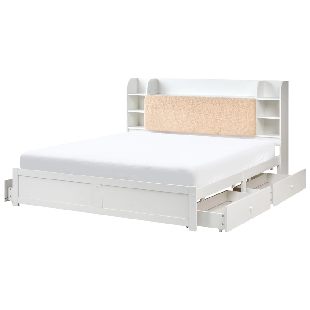 Letto matrimoniale in legno di pino MDF minimalista con contenitore 4 cassetti e ripiani testiera in bouclé bianco con rete 180 x 200 cm