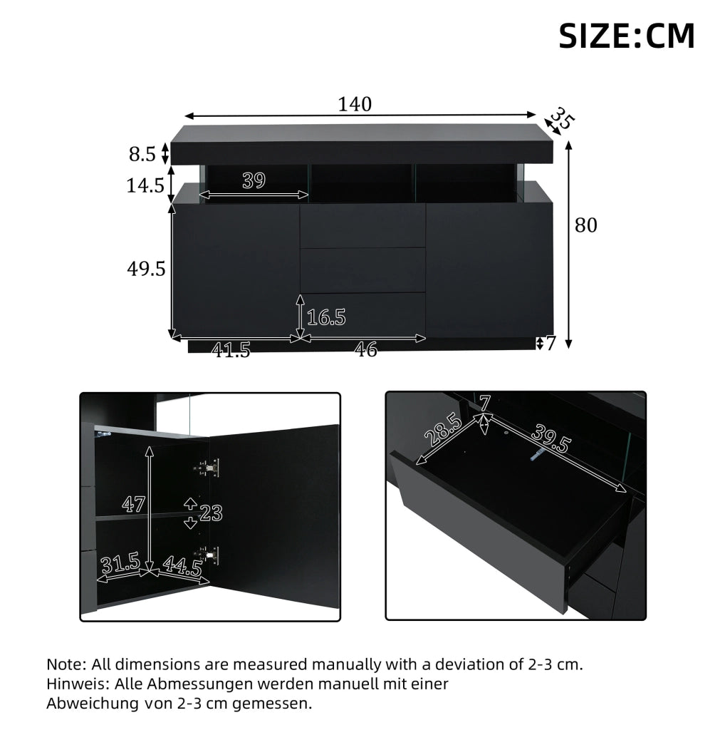 Credenza moderna lucida nera con LED e 3 cassetti