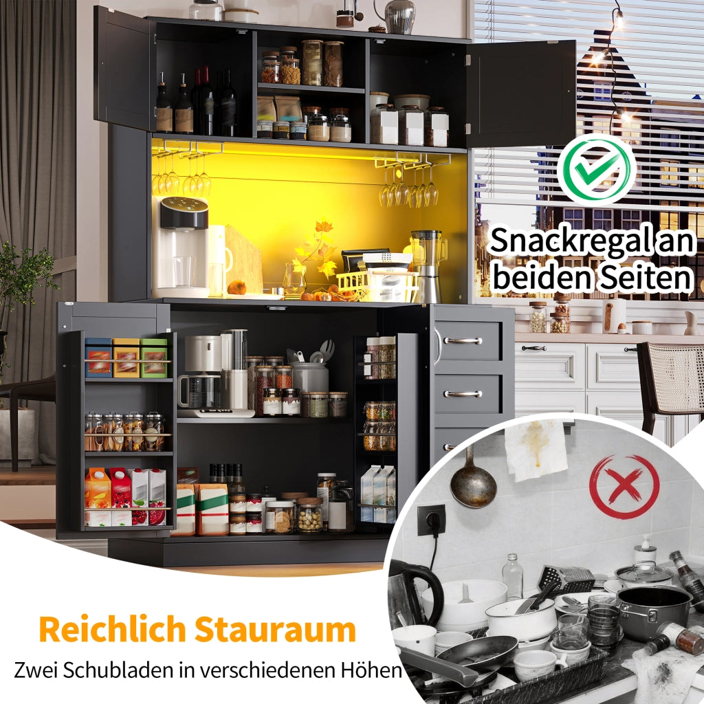 Credenza con illuminazione LED controllabile tramite app; 4 ante e portabevande in MDF nero 120 × 40 × 188 cm