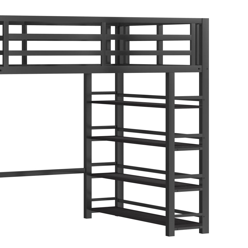 Letto a soppalco nero salvaspazio con scaffale; armadio e scala contenitore