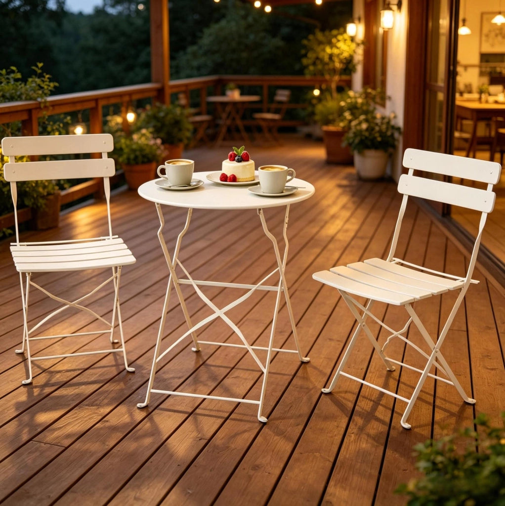 Set da giardino pieghevole con tavolo rotondo e 2 sedie in metallo; crema
