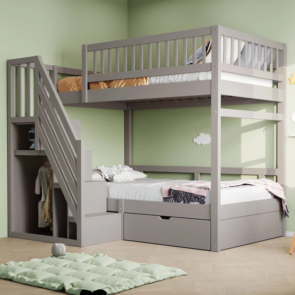 Letto a castello per bambini 90x200 cm con scale contenitore; cassetti e reti a doghe; legno grigio
