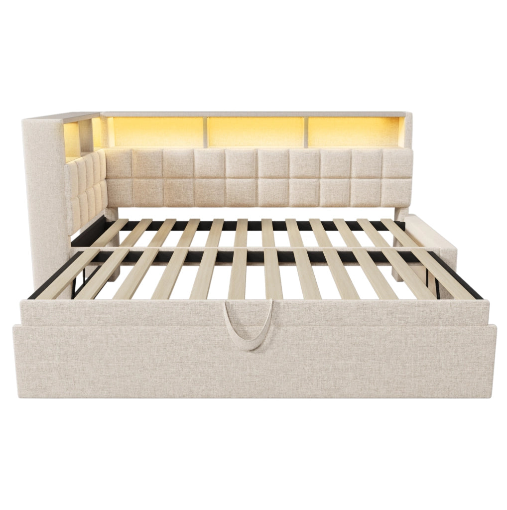 Letto singolo imbottito beige 90x200 con estraibile, LED, Bluetooth e USB-C