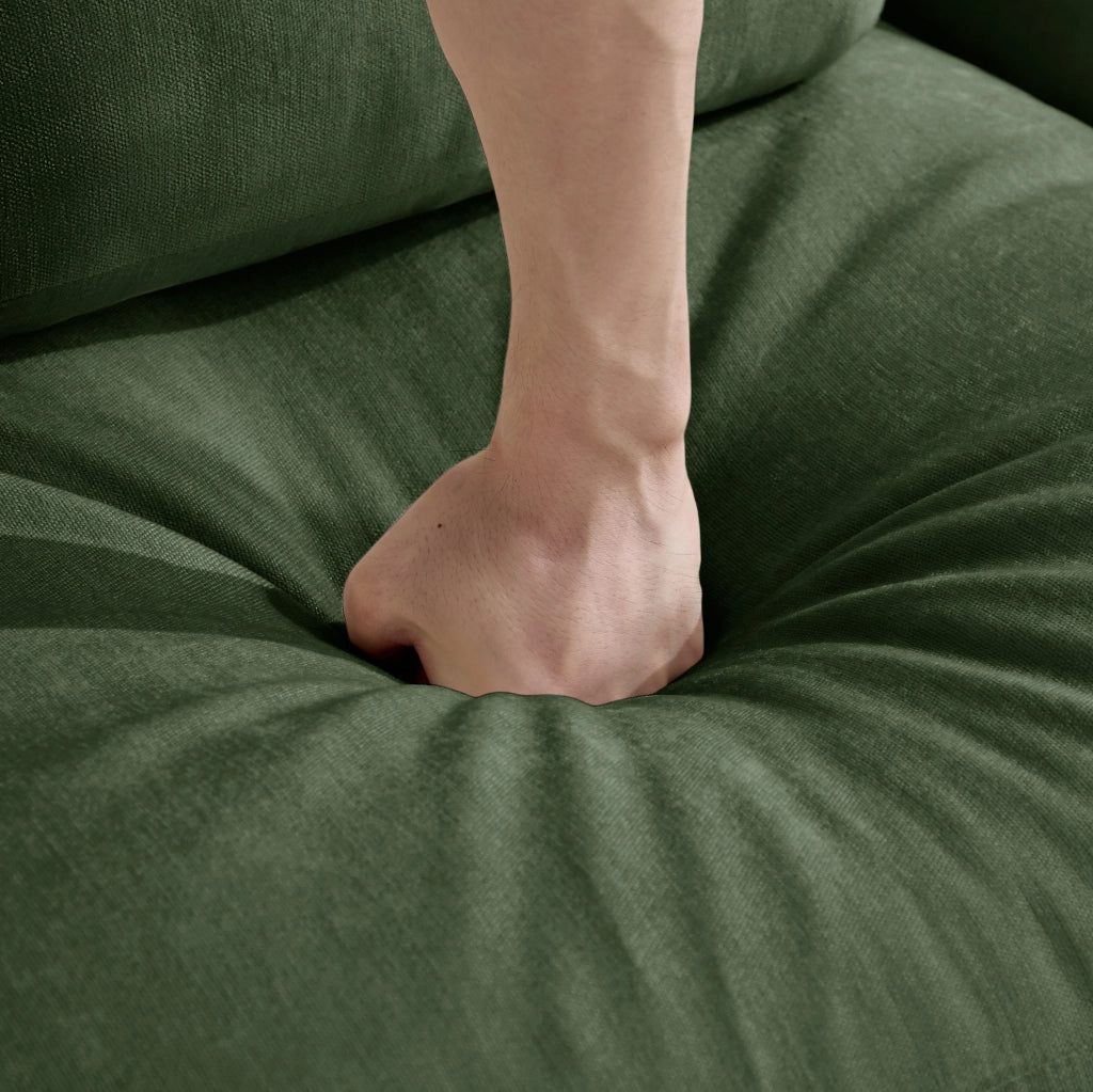 Divano modulare in ciniglia verde con pouf e cuscini; 176x143x88 cm
