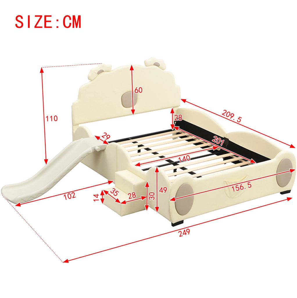 Letto per bambini 140x200 cm a forma di orso con scivolo e scala, materiale PU e MDF, beige