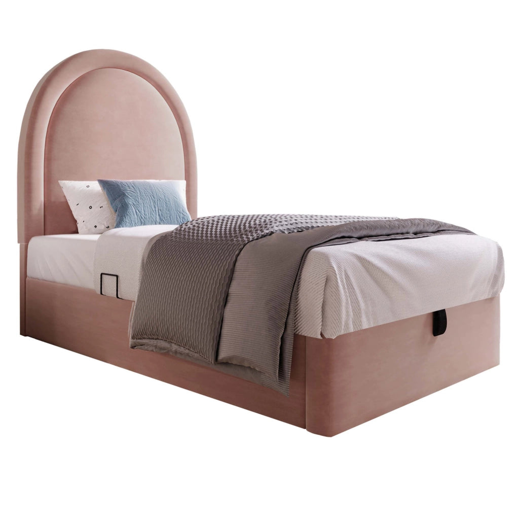 Letto imbottito 90x190 cm con vano contenitore e rivestimento in velluto rosa
