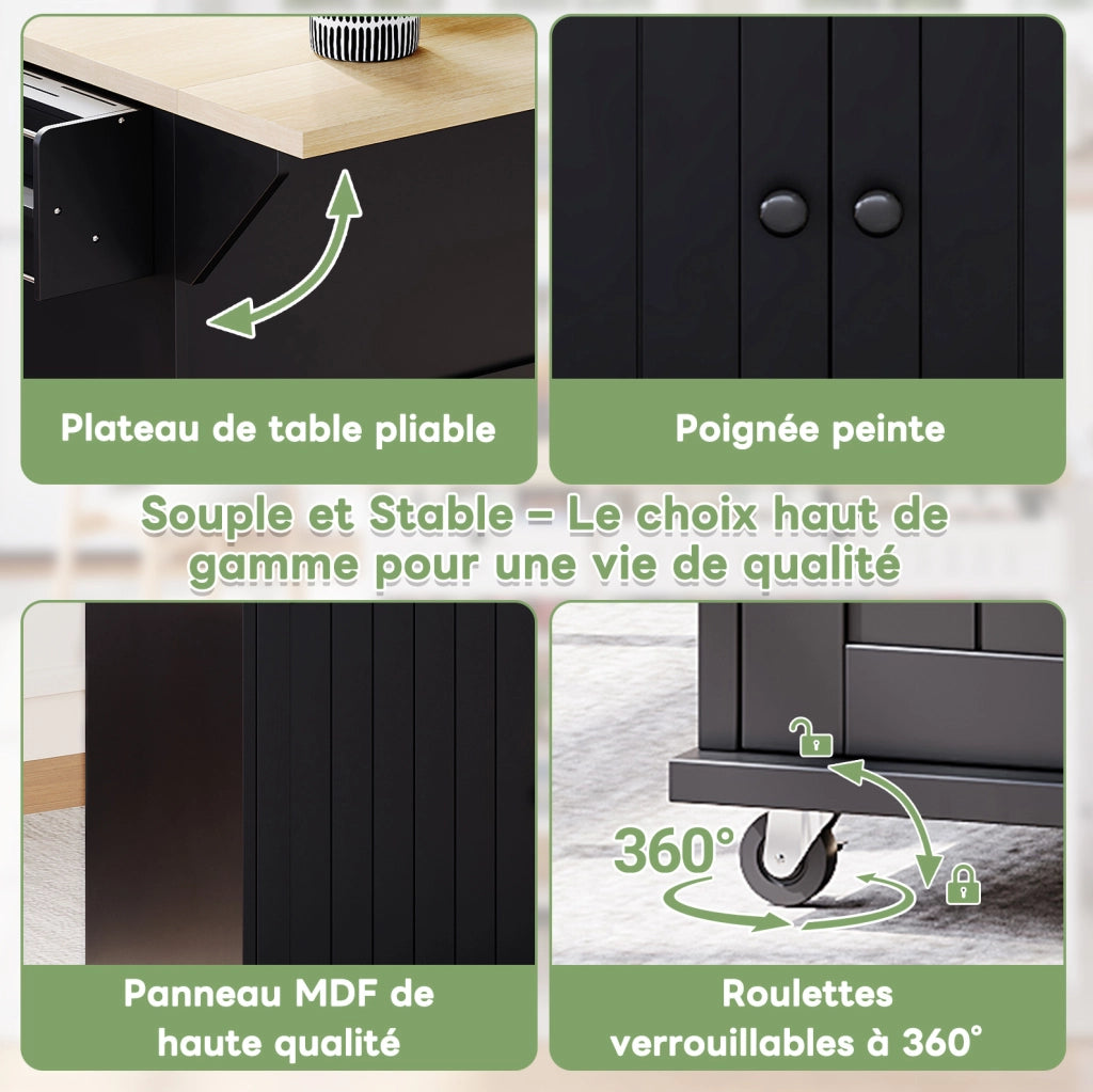Isola da cucina mobile 137x70x89;5 cm con piano pieghevole in MDF nero e naturale