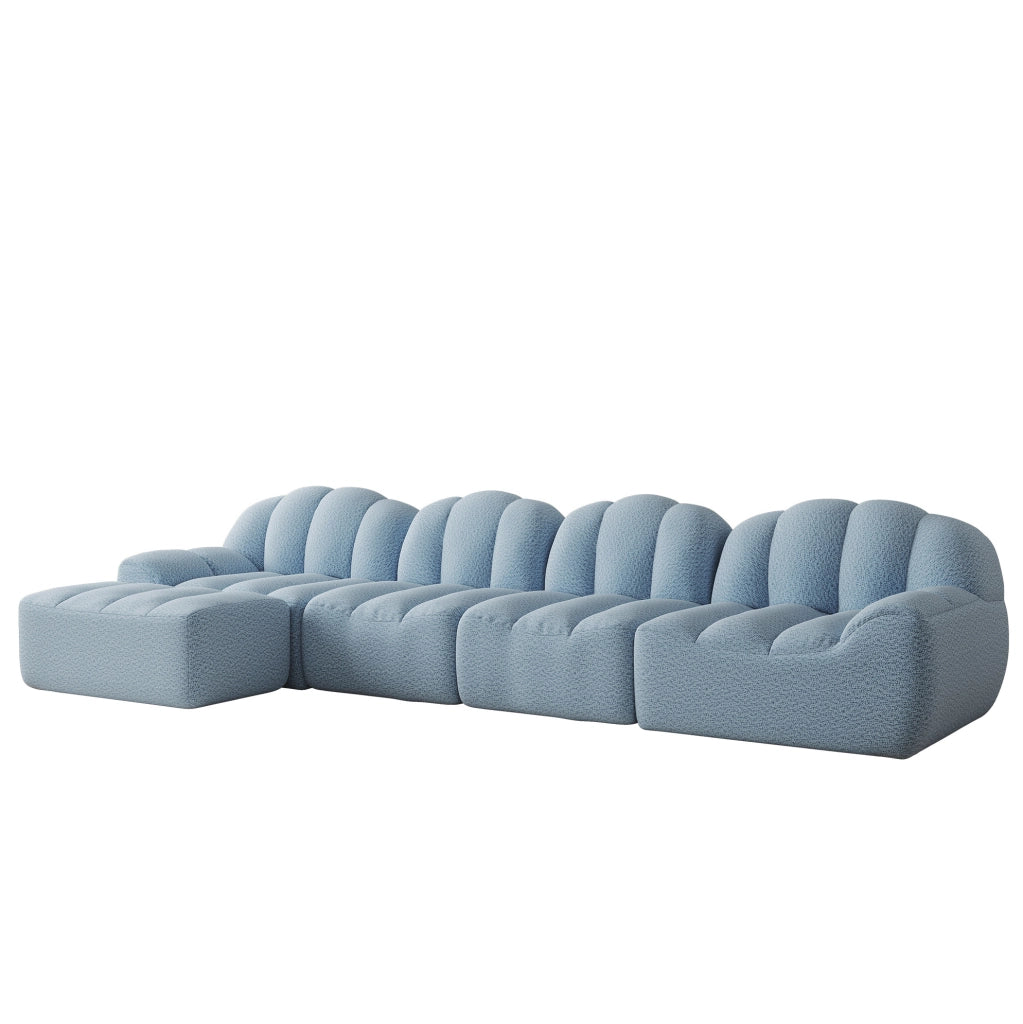 Divano modulare 366x165x79 cm in tessuto blu con pouf, 4 posti