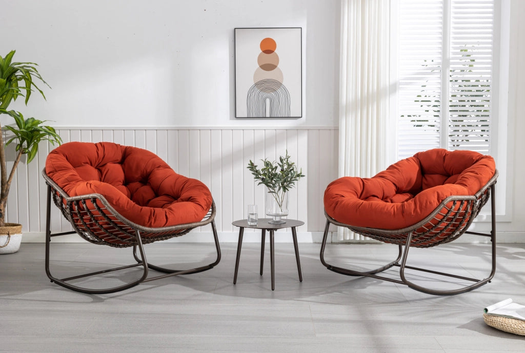 Poltrona a Dondolo in Rattan Sintetico con Cuscino Imbottito, Arancione, 78x106x90 cm, per Patio e Giardino