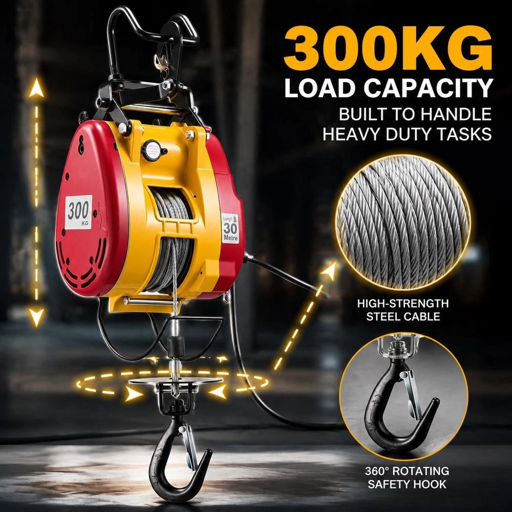 Electric Winch 300 Kg, 2-in-1 Electric Rope Hoist 1500 W, Hoist 30 M Lifting Height, Rope Pull 18.9 M/min, With Wired & Wireless Remote Control For Factory, Warehouse & Garage