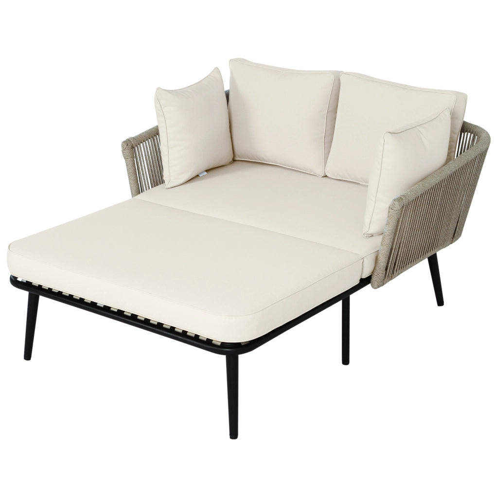 Poltrona da giardino con cuscini sfoderabili e lavabili, struttura in acciaio zincato, tessuto beige e corda kaki per esterno