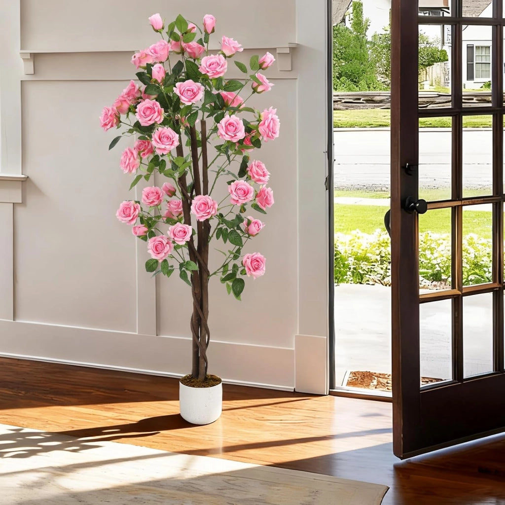 Albero di Rose Artificiali 150 cm con Tronco in Legno e Vaso per Casa e Giardino