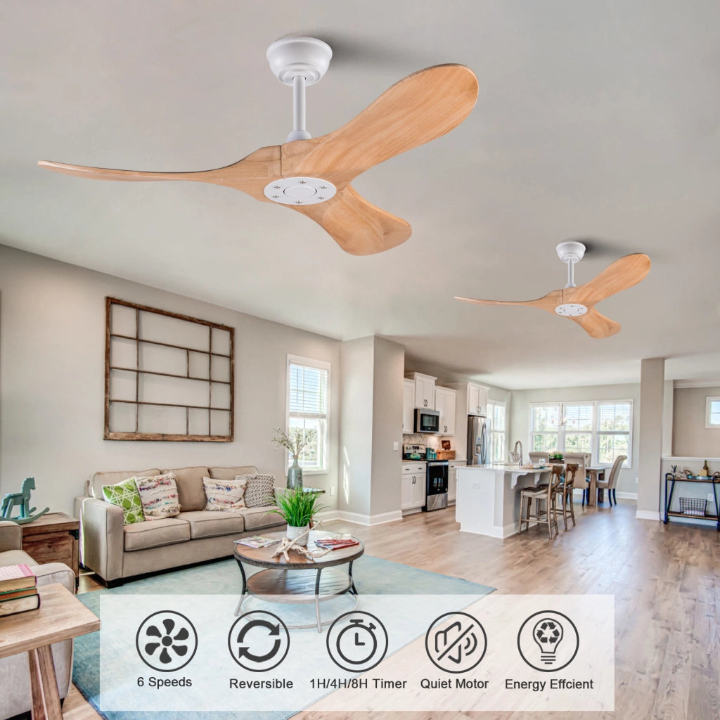 Ventilatore a soffitto da 42 pollici con pale in legno naturale, motore DC silenzioso, funzione memoria e telecomando, design a elica per interni ed esterni