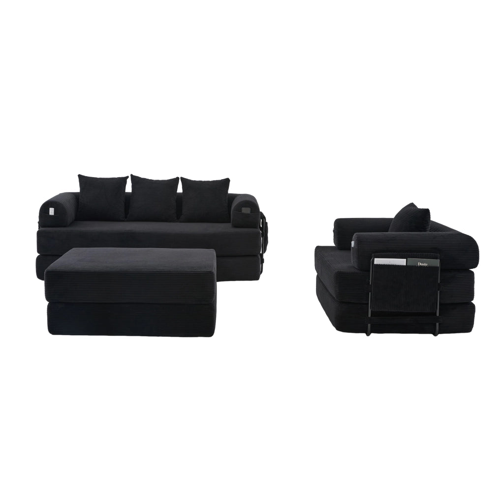 Set divano modulare 3 posti con poltrona e pouf in velluto a coste nero