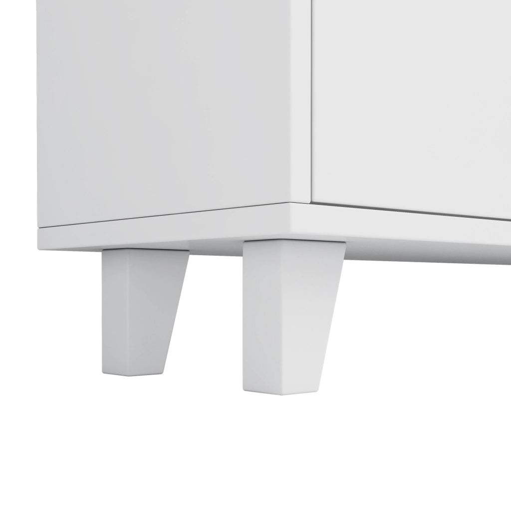 Libreria 80x30x173 cm bianca in MDF con gambe in legno, 7 vani e luci LED