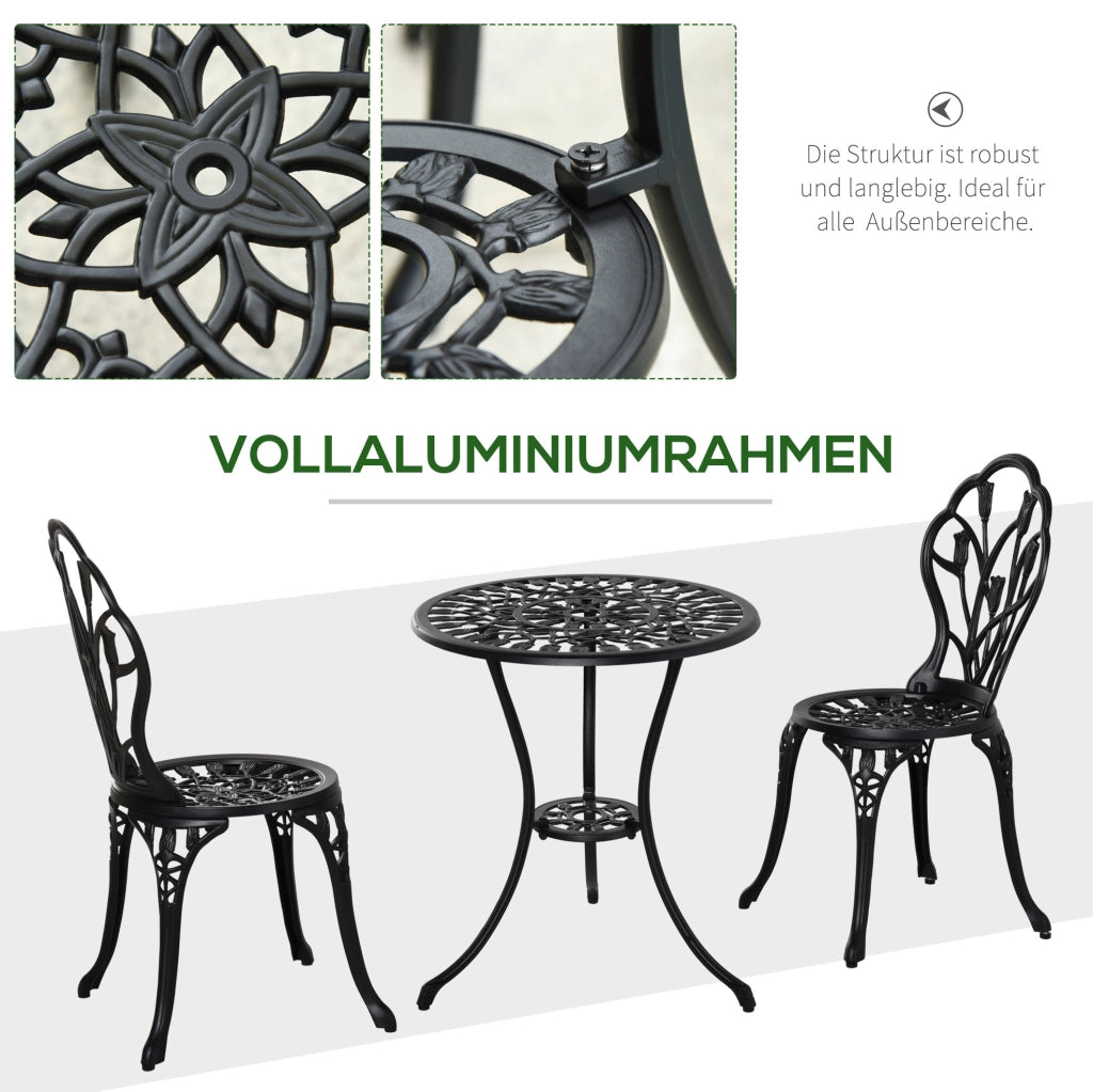 Set bistrot da esterno in alluminio nero con tavolo e 2 sedie
