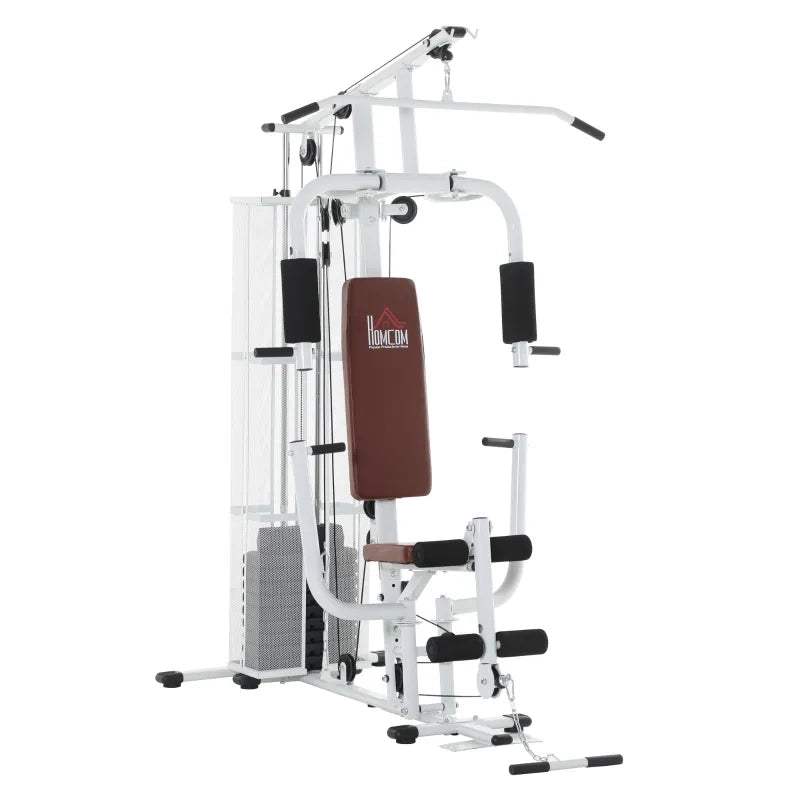 Stazione Fitness Multigym in Metallo e PU Bianco, 150x110x210 cm, con Pesi, Lat Machine e Leg Curl