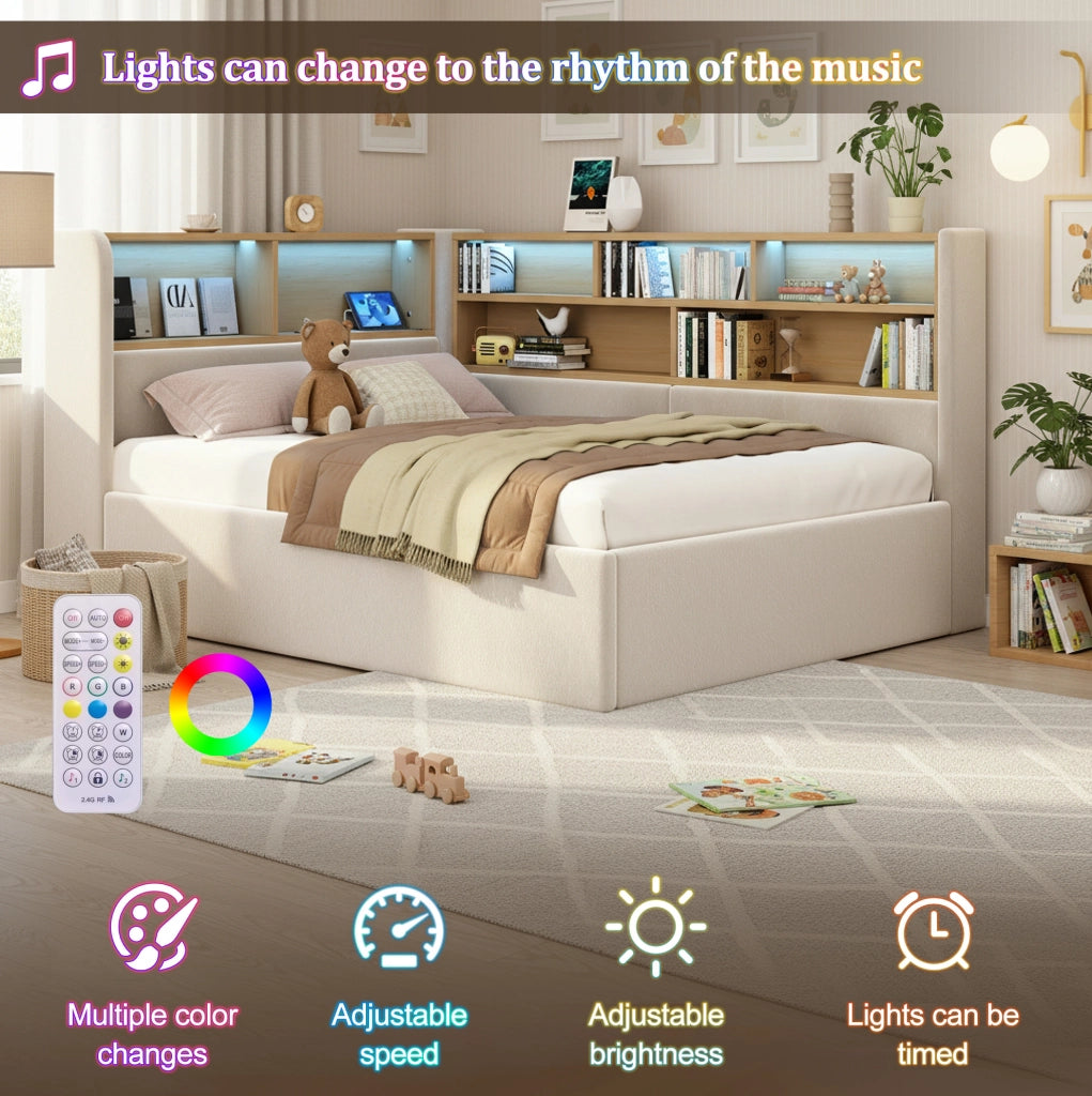Letto giorno 90x200 cm in velluto beige con contenitore idraulico, LED, USB e schienale integrato