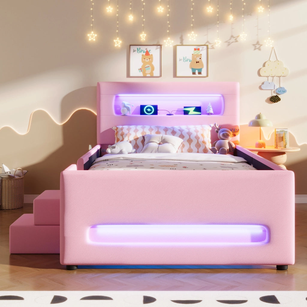 Letto singolo imbottito 90 × 200 cm con scala, cassetto su ruote e LED regolabile, senza materasso, rosa in PU