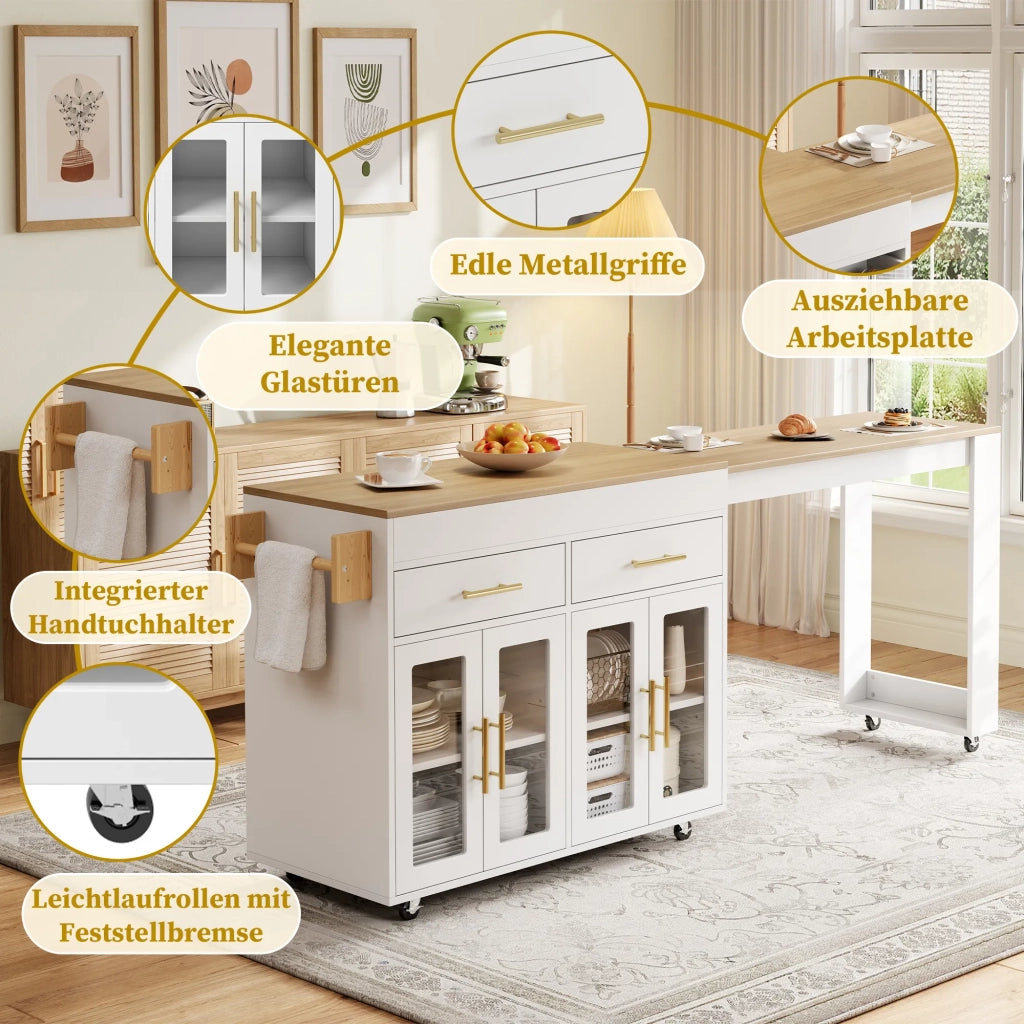 Isola Cucina con Ruote, Tavolo Bar Estensibile, Mobile con Ante in Vetro, Cassetti e Ripiano, Bianco, 132,5-217 x 50 x 93 cm