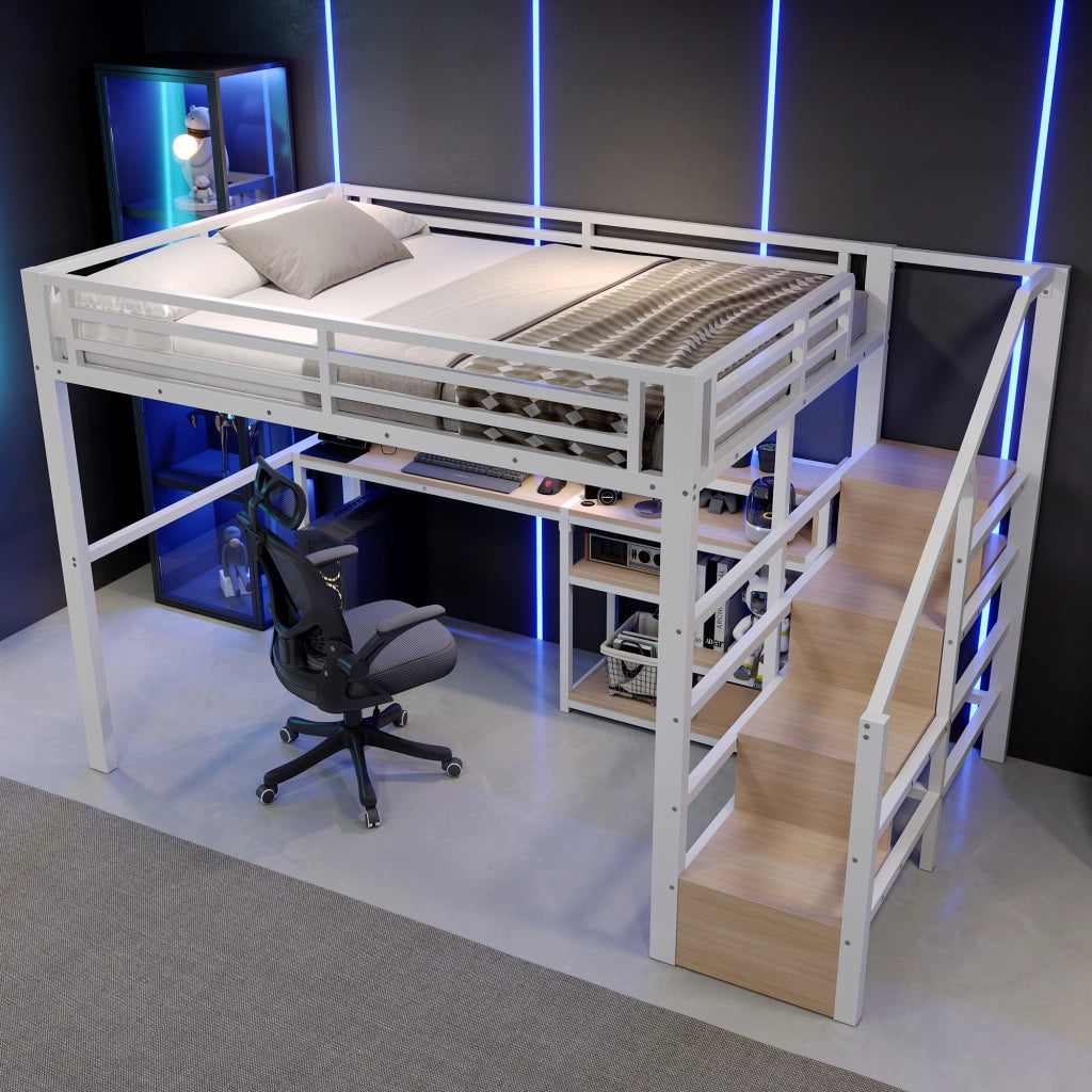 Letto a soppalco 140 × 200 cm in metallo e MDF bianco con armadio scala ripiani LED USB e USB C
