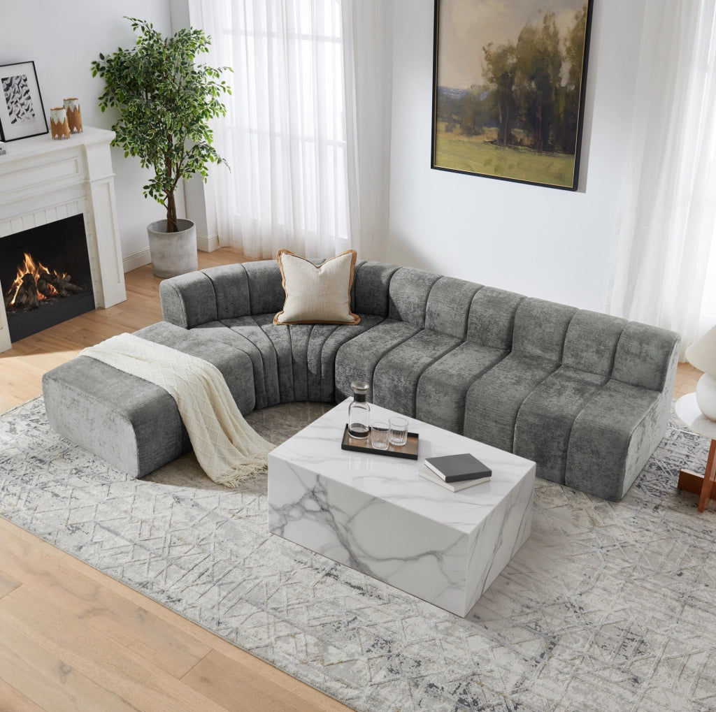Divano angolare modulare in ciniglia grigio con moduli combinabili