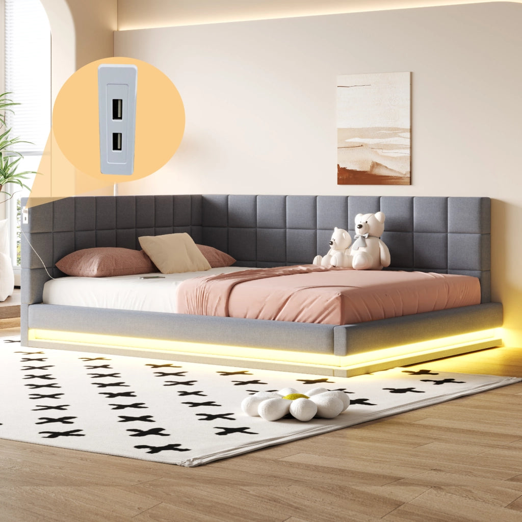 Letto imbottito 160 × 200 cm trasformabile in divano con luci LED USB rete a doghe in lino grigio