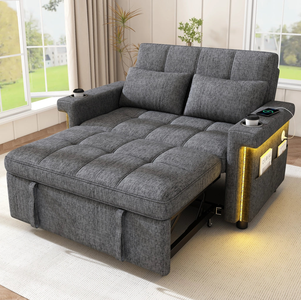 Divano letto 2 posti con schienale reclinabile; LED e porte USB/Type-C in ciniglia grigio HOMVRA